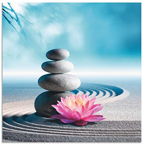 ARTland Wanddeko Wandbild Alu Verbundplatte für Innen & Outdoor Bild Wellness Zen Stein Fotografie Blau Sand, Lilie und Spa-Steine in Zen-Garten S5XU