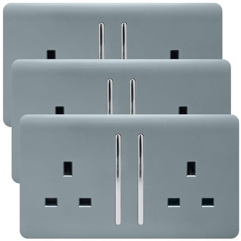 Trendi 2 Gang Artistic Modern Glossy 13 Amp Switched Plug Socket Cool Grey (3 Pack)