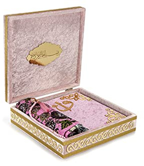 Caja de regalo cubierta de terciopelo islámico de lujo, juego de 4 piezas de lujo con elegantes cuentas de terciopelo cubierto de Corán y oración Tesbih y alfombra de oración, color rosa