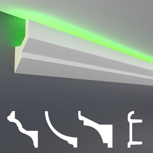 HEXIM LED Stuckleisten Sparpakete - Indirekte Beleuchtung mit Deckenleisten aus PU, leicht & lichtundurchlässig- (2m LED-9) Dekoration Ecke Spot Innen