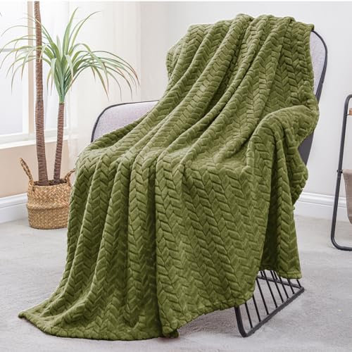 Exclusivo Mezcla Kuscheldecke Flanell-Fleecedecke mit Blättermuster,130 x 170 cm Sofadecke für Ganzjahreszeit, Flauschig und Warm, Olivgrün