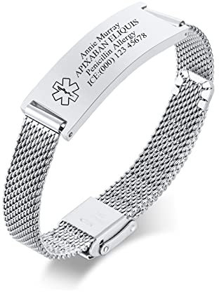 PJ JEWELLERY Personalised Medical Alert Bracelet for Women - Customised Silver Stainless Steel Mesh Wire Belt Buckle Watchband Medical Identification Emergency SOS Bracelet Adjustable