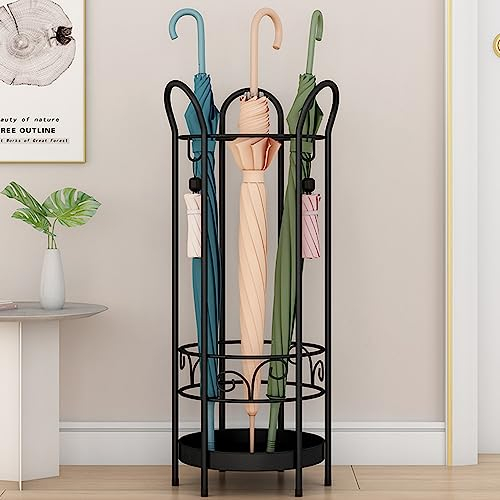 mosegor Regenschirmständer aus Metall, Retro Schirmständer mit Wasserauffangschale und 3 Haken, Schirmhalter Runder für Heim, Büro, Schule, Ø25 x H60 cm, (Schwarz)