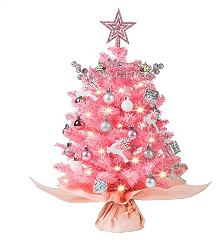 Mini árbol de Navidad Rosa de 20 Pulgadas, Navidad Artificial pequeño con Luces cálidas, Estrella y Adornos, árbol de Mesa para Bricolaje Rosa decoración