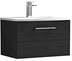 nuie ARN622G Arno Modern Bathroom Wall Hung 1 Drawer Vanity Unit with Curved Ceramic Basin, 600mm, Woodgrain Charcoal Black