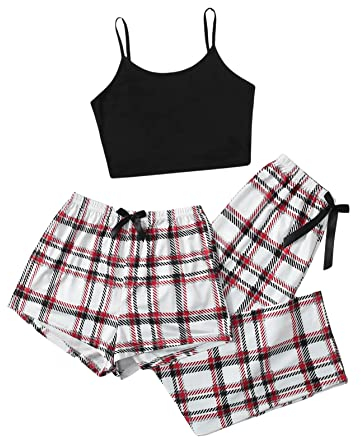 GORGLITTER Damen Schlafanzug 3er Set Cami Schlafanzug Plaid Pajamas Set Nachtwäsche Schlafhose Kariert Schlafanzüge Hausanzug Weiß L