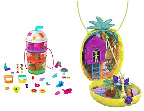Polly Pocket HFP99 - Ausklappspaß-Schatulle Fruchtsmoothie, Spielset in Form eines tropischen Fruchtsmoothies & Tropicool Pineapple Wearable Purse Compact, 8 Fun Features