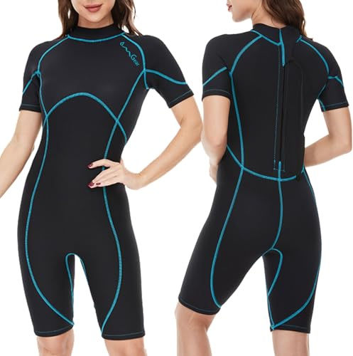 OMGear Wetsuit Women Men 3mm Neoprene Dive Wet Suit for Cold Water Short Thermal Swimsuit for Adults Snorkel Suit for Snorkeling Scuba Diving Swimming Surfing (Wathet,XS)