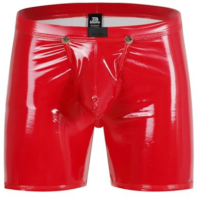 Bodywear4you Herren Leder Boxershorts Lack glänzend Optik, Wetlook sexy Unterwäsche, Clubwear Jockstraps mit offenem Schritt Ouvert Shorts Long Pants (as3, Alpha, m, Regular, Regular, Rot)