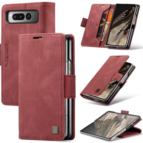 EYZUTAK Wallet Case for Google Pixel Fold, Retro Matte Premium Protective Leather Case 1 Card & 1 Cash Slot with RFID Blocking Viewing Stand Magnetic Closure TPU Shell Flip Cover - Red