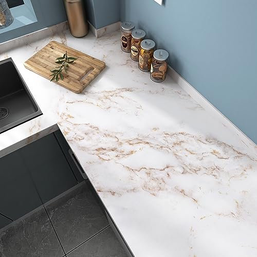 Wallercity White/Gold Marble Contact Paper for Countertops Vinyl Waterproof Peel and Stick Countertops Contact Paper Self Adhesive Removable Matte Marble Wallpaper for Kitchen Cabinets 24x118 Inches