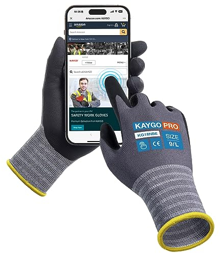 KAYGO 3 Pairs Safety Work Gloves MicroFoam Nitrile Coated Touchscreen, KG18NBE, Working Gloves with Oil Resistant Grip on Palm, for Men Women, Ideal for General Purpose Automotive (Large, Grey)
