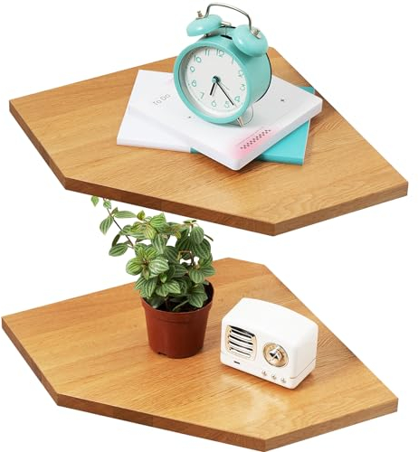 Gieanoo Eckregal Hängend Holz, 2er-Set Eiche Massivholz Eckregal Wandregal Holz Vintage Landhausstil Regal für Schlafzimmer Wohnzimmer Diamantform mit Drahtloch