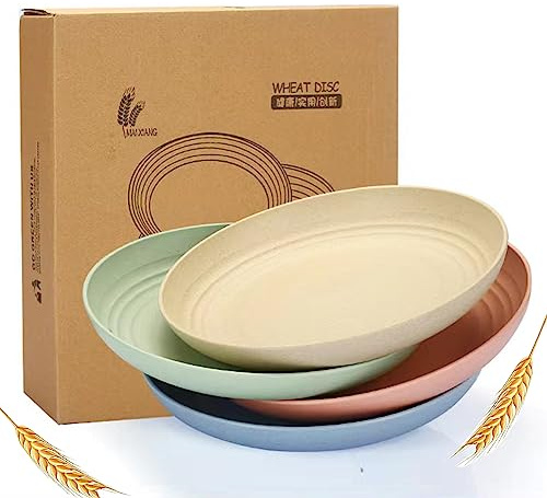 Lchkrep Unbreakable Wheat Straw Plates 9 Inch, Reusable Lightweight Deep Plates Dinner Dishes Plastic Plates Microwave Safe Dinnerware for Adult, BPA-Free Cereal plates 4 Pcs