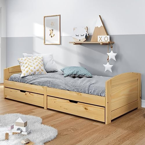 NITCA Tagesbett mit 2 Schubladen Bett mit Stauraum iRun 90x200 cm Gästebett Tagesbetten Funktionsbett Einzelbett Massivholz Kiefer
