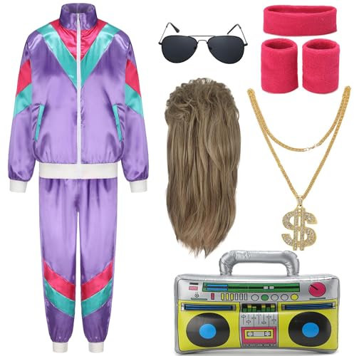 80er Jahre Outfit Herren Damen Kostüm Trainingsanzug Pop Art Retro Stil Kostüm Zubehör set mit Aufblasbares Radio Sonnenbrille Halskette Schweißband Mottoparty Fasching Bad Taste Outfit Lila 028M