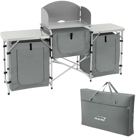Hauki Mueble de Cocina para Camping Plegable Armario Gris Multifuncional con Compartimentos de Almacenamiento y Encimera Aluminio Tienda Portátil con Cortavientos Acampada con Bolsa de Transporte