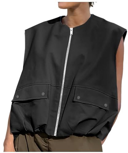 Soupliebe Kurze Übergröße Oversized Weste Ärmellose Westen Elegant Für Damen Mit Vielen Taschen Lockere Passform Jacke Große Größen Durchgehender Reißverschluss Blouson Sommer Lässige Leicht Tops