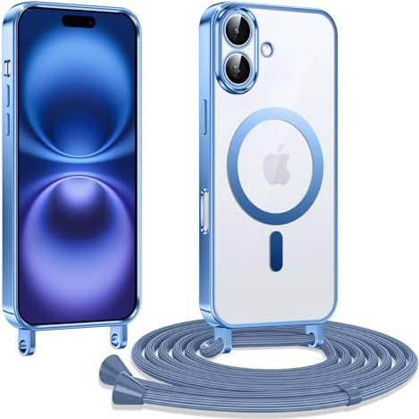 Kokio Funda para iPhone 16 6,1 Pulgadas con Cuerda, Compatible con Magsafe, Carcasa Transparente TPU Suave Silicona Case con Correa Colgante Ajustable Collar Correa de Cuello Cadena Cordón, Azul
