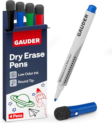 GAUDER Whiteboard Marker Set (4 Stück) | Whiteboard Stifte (4 Farben) | trocken und rückstandsfrei abwischbar | Dry Erase Marker mit Schwamm ideal für Whiteboards und Magnettafeln
