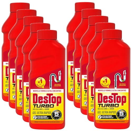 DESTOP - Gel désinfectant et déboucheur canalisation Turbo 5 min - 2 doses - Lot de 10 x 500ml