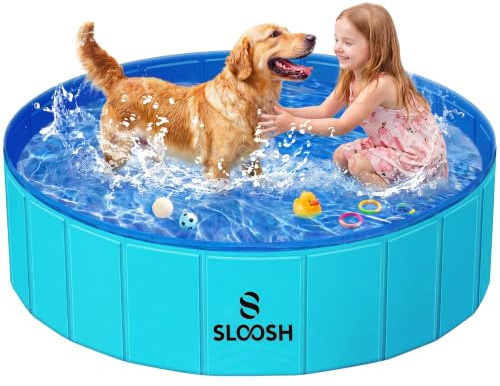 SLOOSH Foldable Dog Kiddie Pool - Portable Hard Plastic Doggie Swimming Pool, Anti-Slip Collapsible Pets Bath Tub Suitable for Kids Indoor Outdoor Backyard Use (Blue, 48 x 12)