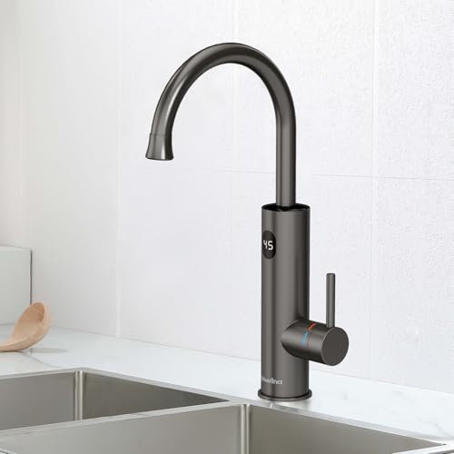 Briwellna Durchlauferhitzer Wasserhahn, 220V Warmwasserhahn, Elektrischer Küchenwasserhahn aus Edelstahl, 360 Grad drehbarer Kalt- und Warmwasserhahn (Grau)