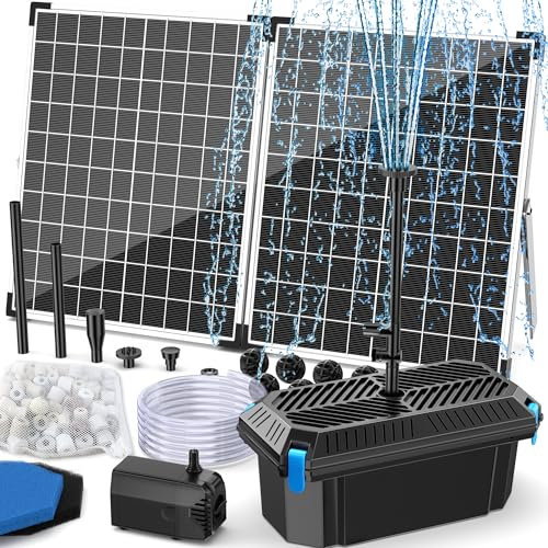 Antfraer Solar Fountain Pump with Pond Filter Kit, 40W Panel Solar Pond Pump with Pond Filter Box, Pond Filter for Outdoor Pond Garden Fountains Waterfalls DIY Water Feature