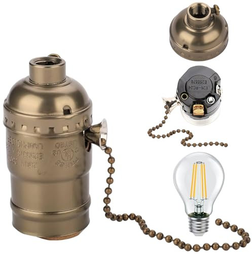 Douille de lampe à chaînette, douille de lampe à filetage avec chaînette traction, support en métal vintage pour ampoules E26 E27, en bronze d