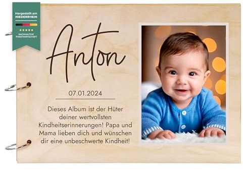 LAUBLUST Fotoalbum Baby personalisiert mit Foto - Gästebuch für Babyparty aus Holz - Farbfoto Motiv | Natur, A4 Format - Erinnerungsbuch zum Selbstge | Geschenk zur Geburt & Taufe