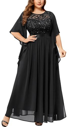 MISSMAY Women's Plus Size Elegant Butterfly Sleeve Chiffon Sequin Lace Bodice Evening Party Long Dress (1XL, Black)