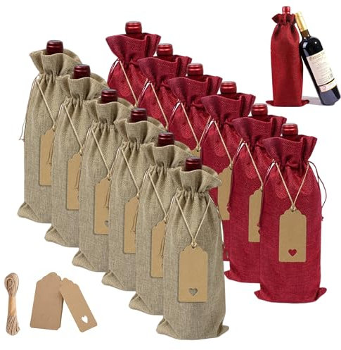 Burlap Wine Bags, 12PCS Jute Wine Bottle Bags with Tag and Rope, Reusable Wines Bottle Covers, Christmas Burlap Jute Wines Bottles Covers Bag for Xmas Wedding Party