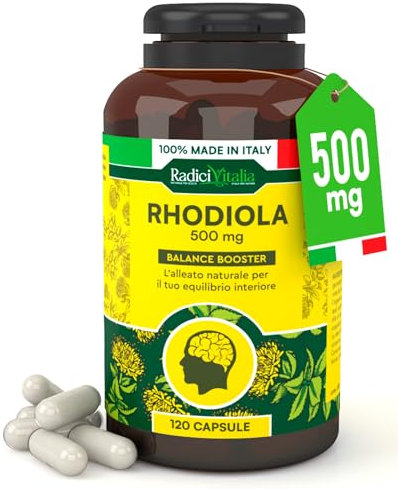 Rhodiola Rosea Integratore Buon Umore Forte Azione Tonico Adattogena 500mg per Stress Quotidiano Benessere Emotivo e Concentrazione RadiciVitalia Made in Italy - Barattolo da 120 Capsule