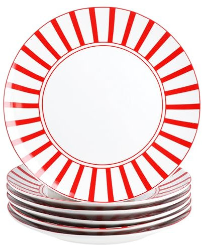 MamboCat Lot de 6 assiettes à gâteau Split rouges - Assiettes à petit-déjeuner en porcelaine blanche avec rayures pour 6 personnes - Petites assiettes pour salade, dessert, amuse-bouches, etc.