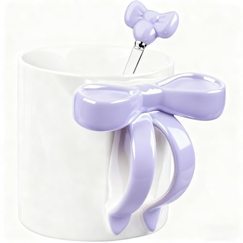 Disoza 350 ML Lila Schleife Kaffeebecher Keramik Tasse mit Schleife und Henkel Cute Mug Porzellan Kaffee Tee Tasse