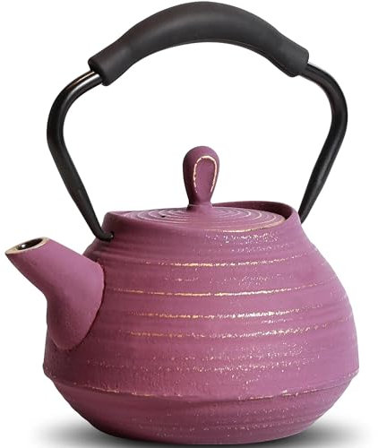 Teapots with Enameled Interior, Silicone Handle, 22oz 650ml Pink Cast Iron Teapot Tea Pot Coated Teapots & Coffee Servers Travel Tea Set(Type-C)