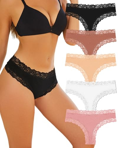 ALL OF SHE Culotte Femme Coton Slip Bresilien Dentelle Doux sous Soft Vêtements Féminins Sexy Chic Panties Underwear Women Multipack Lot de 5