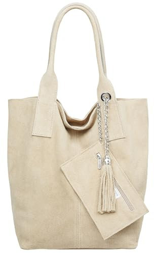 Caspar große Wildleder Shopper Schultertasche XL Damen Handtasche aus Leder mit stylischer Metallkette & kleiner Zusatztasche - CLASSIC LINE - Modell No.828 - Made in Italy, Farbe:hell beige