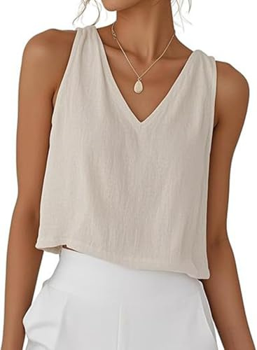 PADOLA Tank Top Damen Sommer Leinen V-Ausschnitt Tops Kurze Elegante Oberteile Ärmellose Shirts Baumwolle Einfarbige T-Shirts Basic Blusentop Musselin Tanktops Trägertop Trägershirt