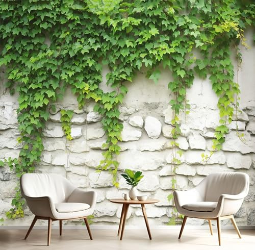 Papier Peint Panoramique 350x256cm (L×H), 3D Mur De Pierre Lierre Photo Murales Tissu de Soie Peinture Interieur Plantes De Jardin Geant Tableaux, Chambre Salon Décoration Muraux, Blanc Vert