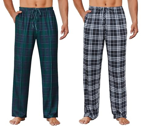 Ekouaer Pantalon Pyjama Lot de 2 Longs Homme Bas de Pyjama Confortable et Respirant Carreaux Gris + Carreaux Vert M