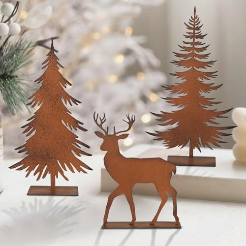 Weihnachtsdeko Roststecker Weihnachtsbaum Hirsch 3er Set Wetterfeste Metall Rost Garten Deko Weihnachten Tischdeko Weihnachtsdekoration Outdoor Gartenstecker für ,DraußEn ,Terrasse, Balkon (Rost)