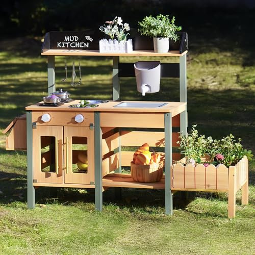 ROBUD Kids Mud Kitchen, Wooden Toy Kitchen with Real Faucet, Planting Box, Insect Observation, Storage Shelves, Pretend Play Outdoor Toys Gifts for Girls Boys Age 3+, Natural Wood