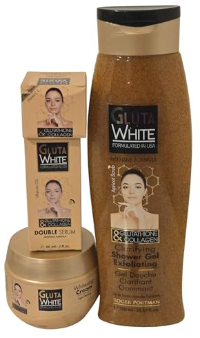 Gluta White Clarifying & Exfoliating Shower Gel With Glutathione & Collagen 1000ml, Cream 275 ml, Serum 60 ml & Face Cream 30 mg - 4 in 1 Set