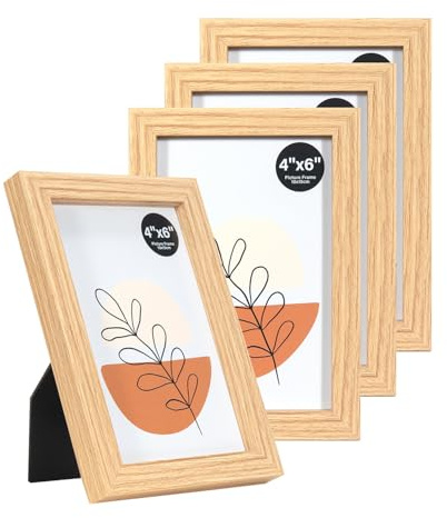 KAIWIN Bilderrahmen Eiche 10x15cm 4er Set, Holz Fotorahmen mit Acrylglas zum aufhängen und aufstellen, MDF-Holzrahmen für Fotos, Bilder