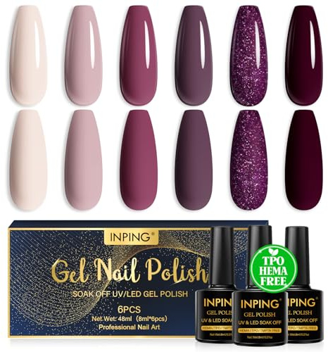 INPING Smalto Semipermante Unghie HEMA-FREE TPO-FREE, 6 Colori Beige Viola Glitter Semipermanente Unghie Gel, Smalti Semipermanenti Soak Off UV/LED Gel DIY Nail Art Set, 8 ML