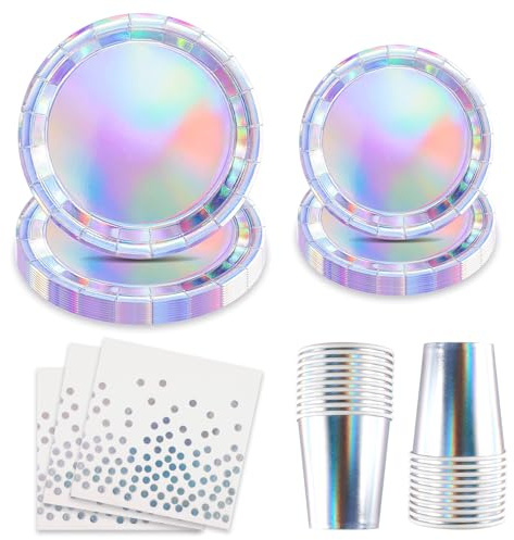 100Pcs Iridescent Party Plates Set, 9 and 7 Holographic Paper Plates Napkins, Cups Serves 25 Guests, Disposable Tableware for Birthday Bridal Shower Bachelorette Disco Party Decorations