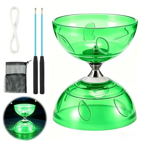 LED Diabolo mit Kugellager, 4,5mm DiaBolo Freiläufer mit Kugellager Dreifache Lagerung Set, Diablo Jonglierspielzeug mit Jonglierbällen, Jonglierbälle Kinder für Anfänger Profis (Grün)