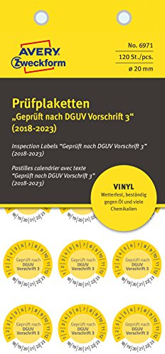 AVERY Zweckform 6971 widerstandsfähige Prüfplaketten 2018-2023 (stark selbstklebend, Kleinformat, Ø 20 mm, 120 Aufkleber auf 8 Blatt) gelb