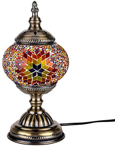 Lampe Turque Mosaïque Orientale de Bureauen Vintage Lampe en Verre Multicolore de Chevet Base en Bronze (Marron)
